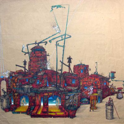 Glass village | Ink and water color on brown paper, 1977.